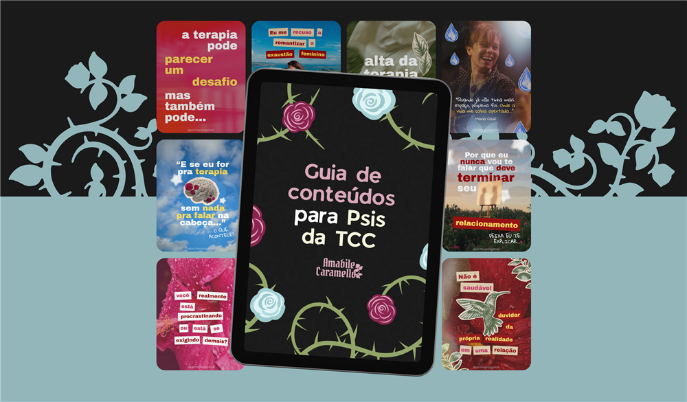 Mockup do Guia de Criação em um tablet, cercado de exemplos de posts